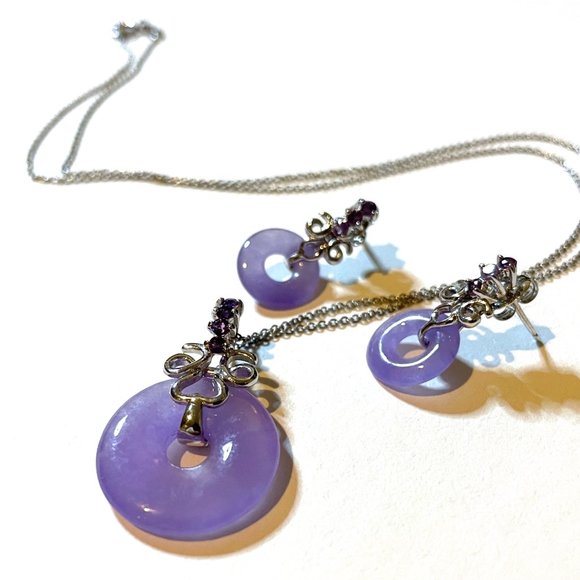 💜 Sterling Silver Lavender Jade Amethyst Earrings and Pendant Necklace Set 925 - Picture 8 of 15